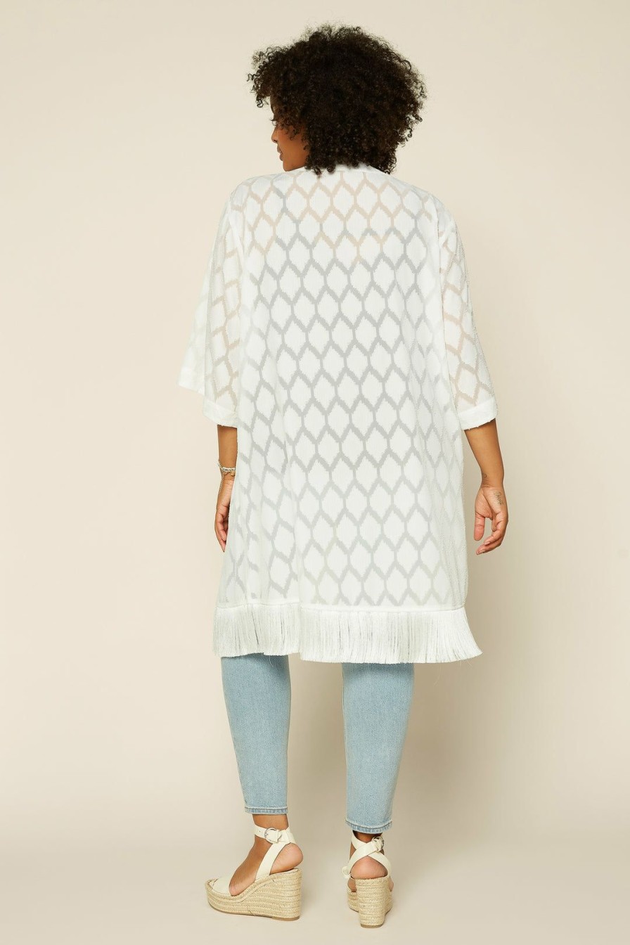 Plus Size Skies Are Blue | Skies Are Blue Clothing Plus Size Jacquard Fringe Duster White