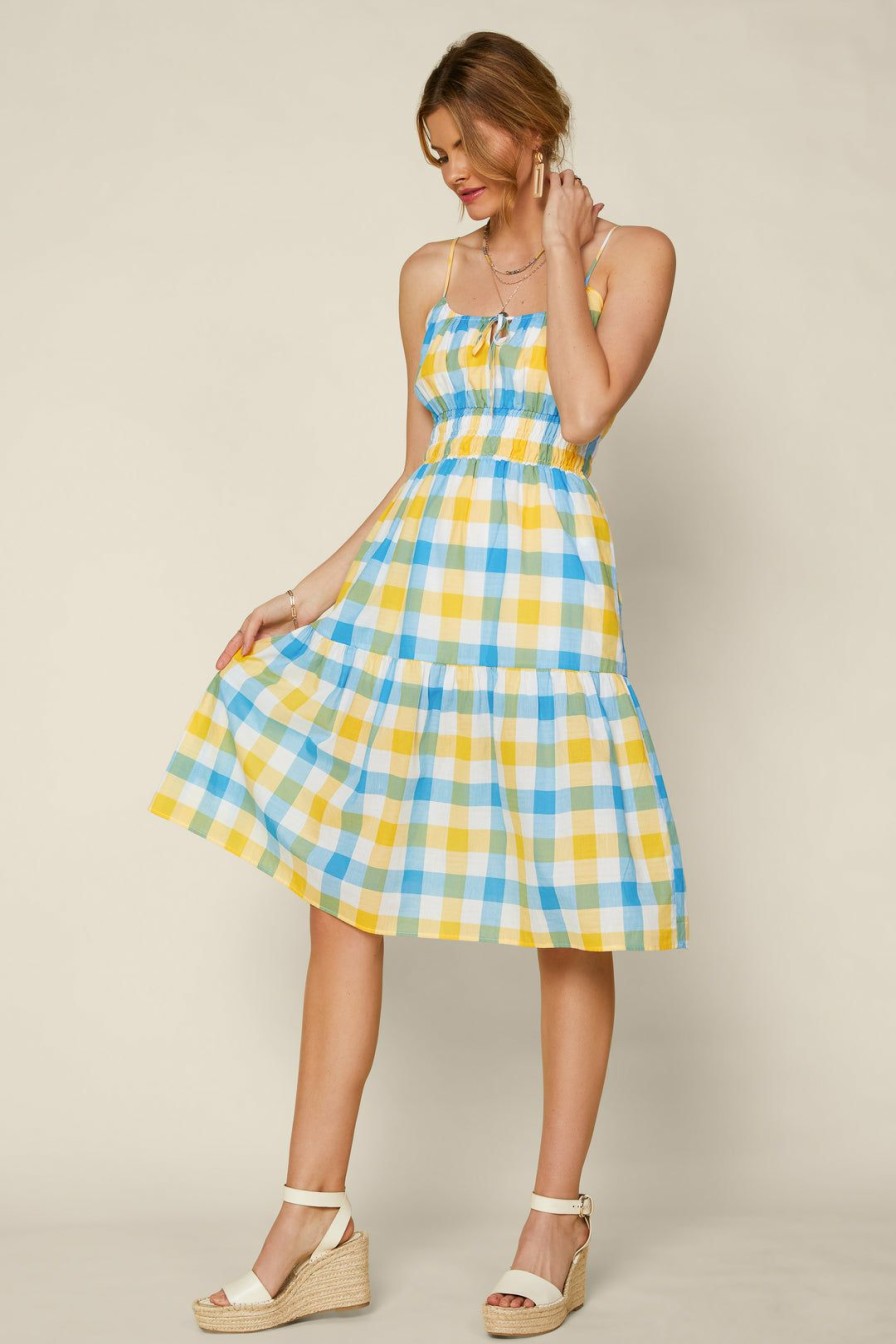 Clothing Skies Are Blue | Skies Are Blue New In Clothing Gingham Shirred Midi Dress Blue Yellow