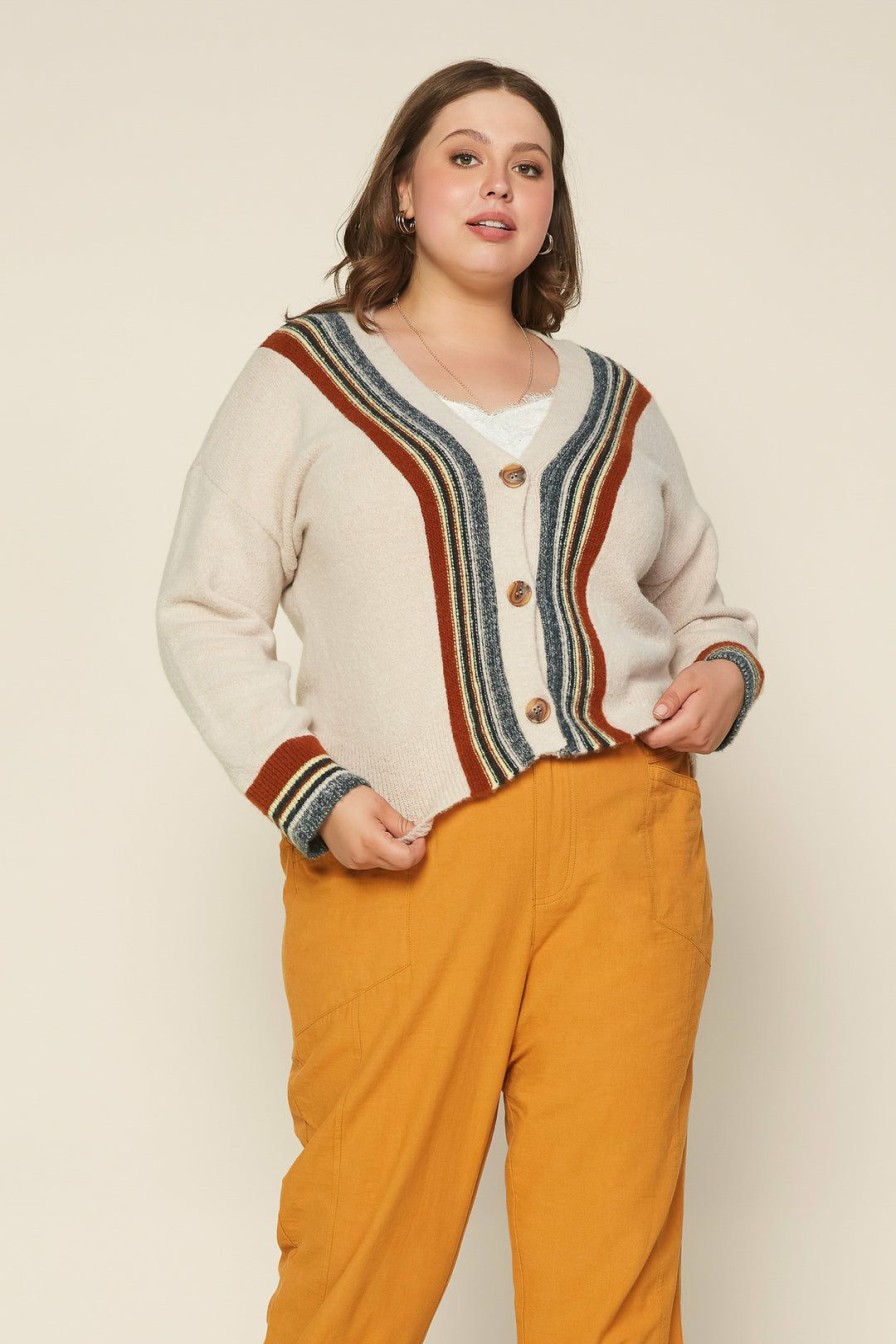 Plus Size Skies Are Blue | Skies Are Blue Plus Size Multi Stripe Cardigan Oatmeal-Green