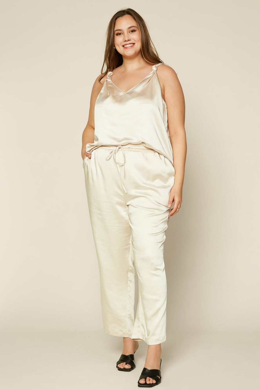 Clothing Skies Are Blue | Skies Are Blue Clothing Plus Size Satin Waist Tie Pants Cream