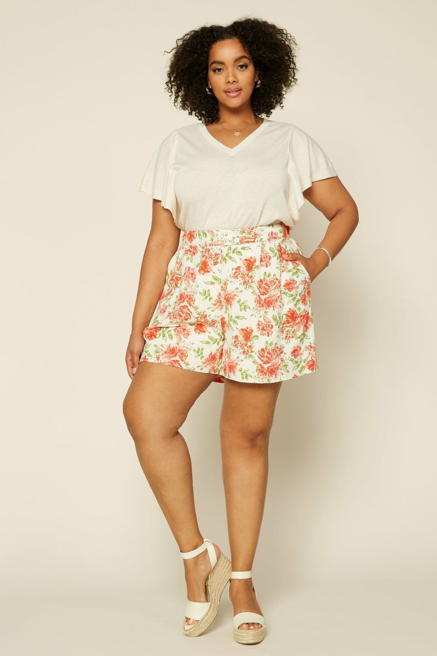 Plus Size Skies Are Blue | Skies Are Blue Clothing Plus Size Floral Linen Shorts Ivory-Coral