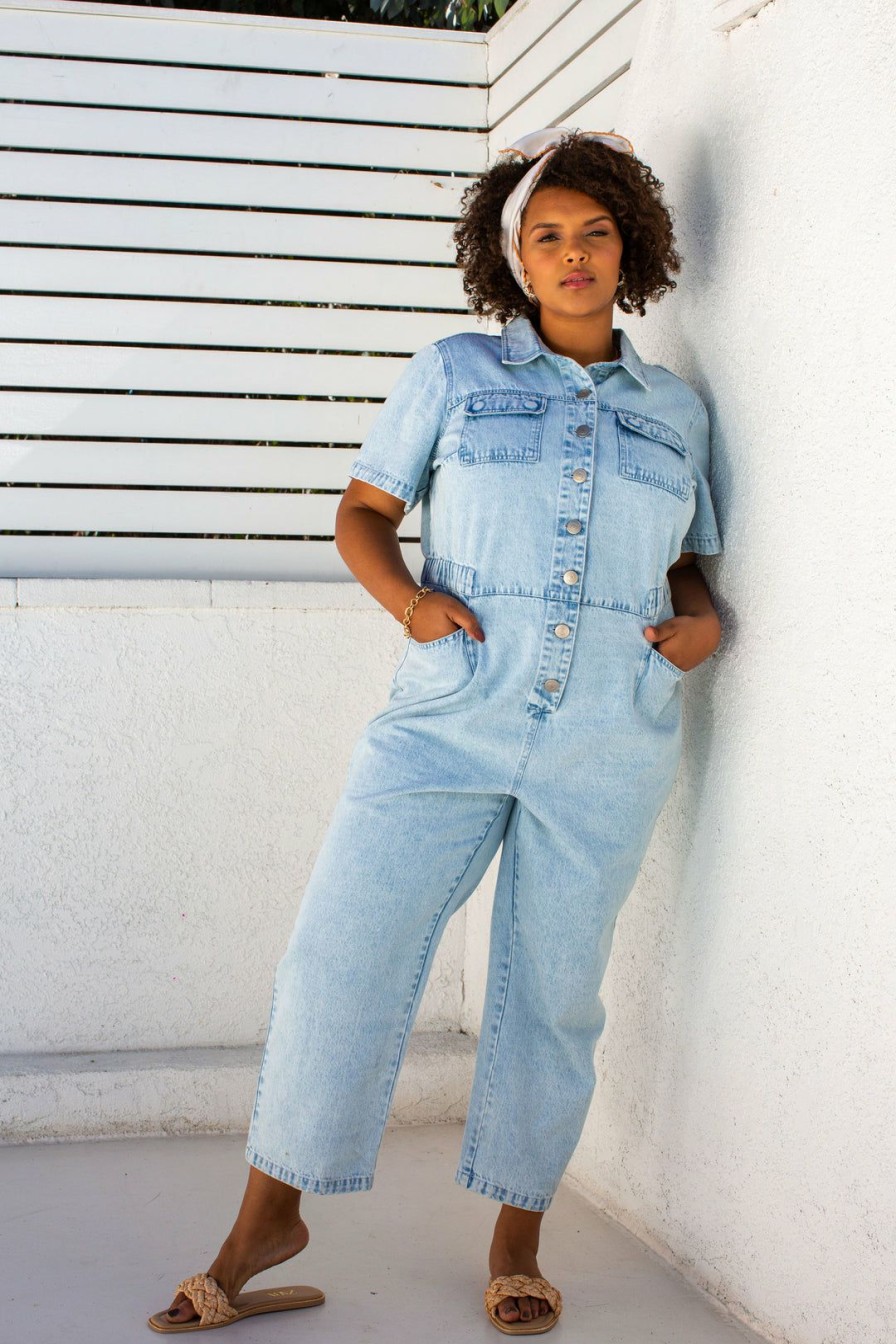 Clothing Skies Are Blue | Skies Are Blue Plus Size Denim Utility Jumpsuit Light Denim