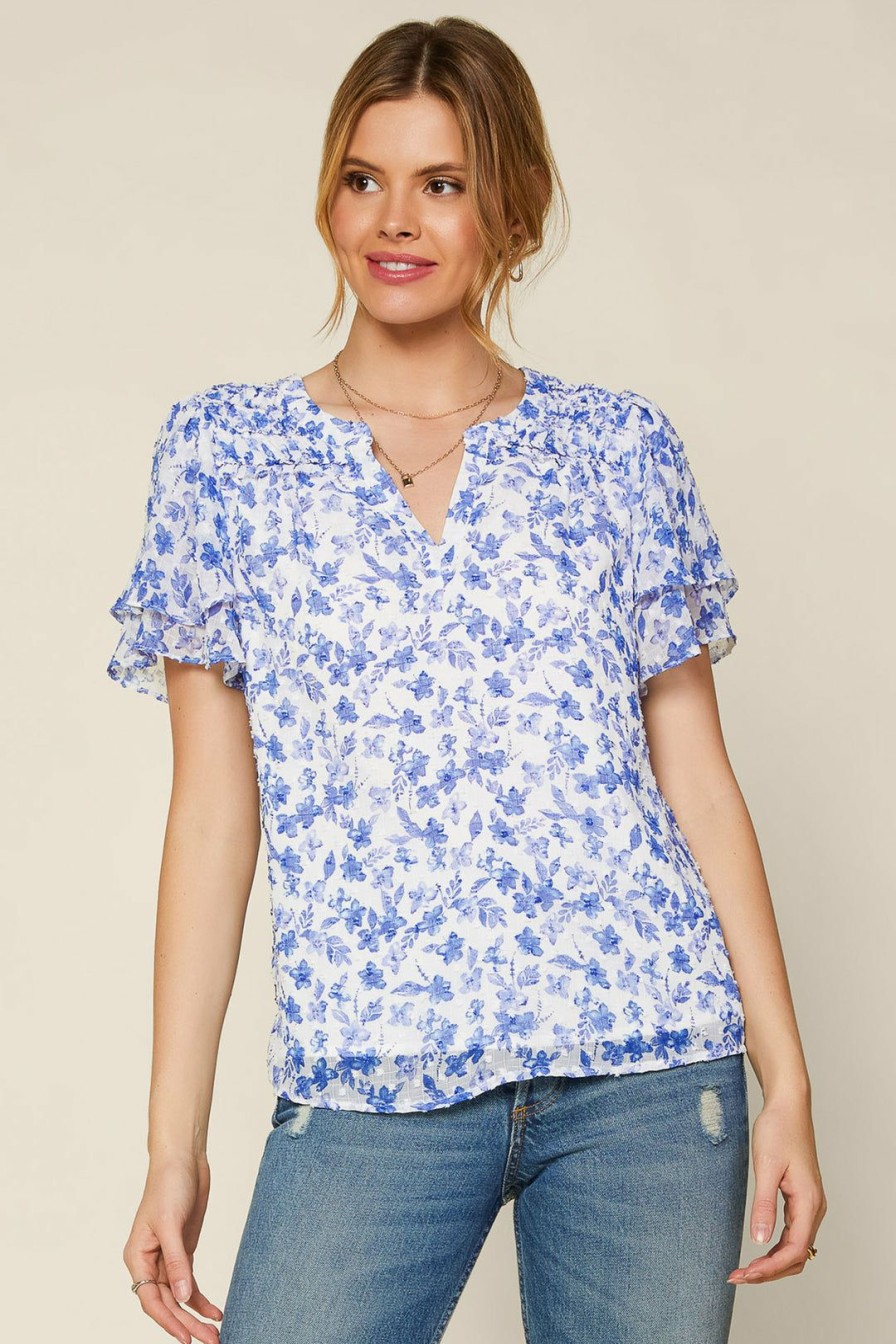 Clothing Skies Are Blue | Skies Are Blue Sweet Floral Ruffled Top White-Cobalt