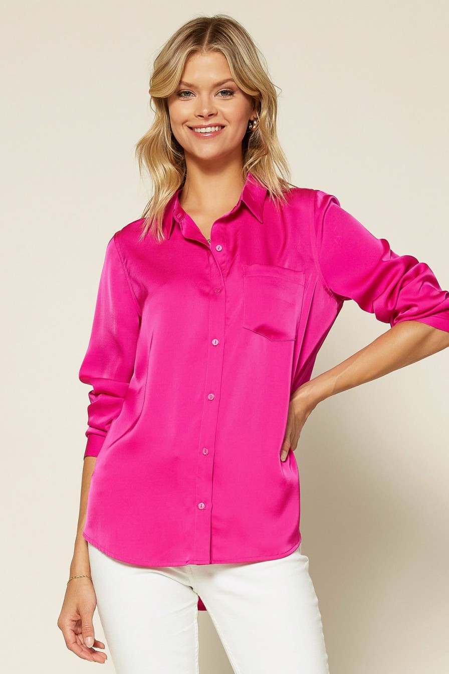 Clothing Skies Are Blue | Skies Are Blue Clothing Satin Button Down Shirt Hot Flamingo