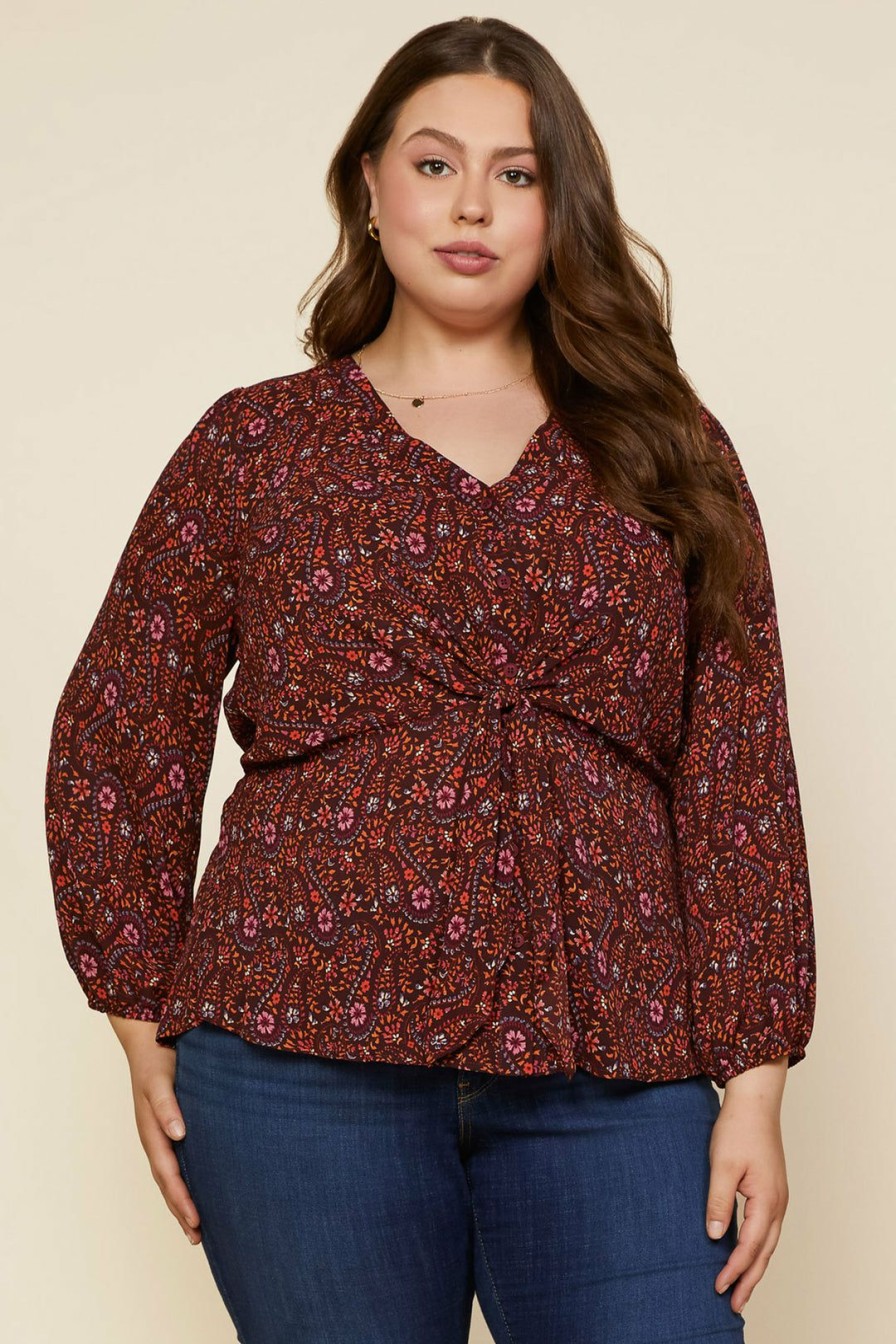 Plus Size Skies Are Blue | Skies Are Blue Plus Size Floral Motif Blouse Burgundy