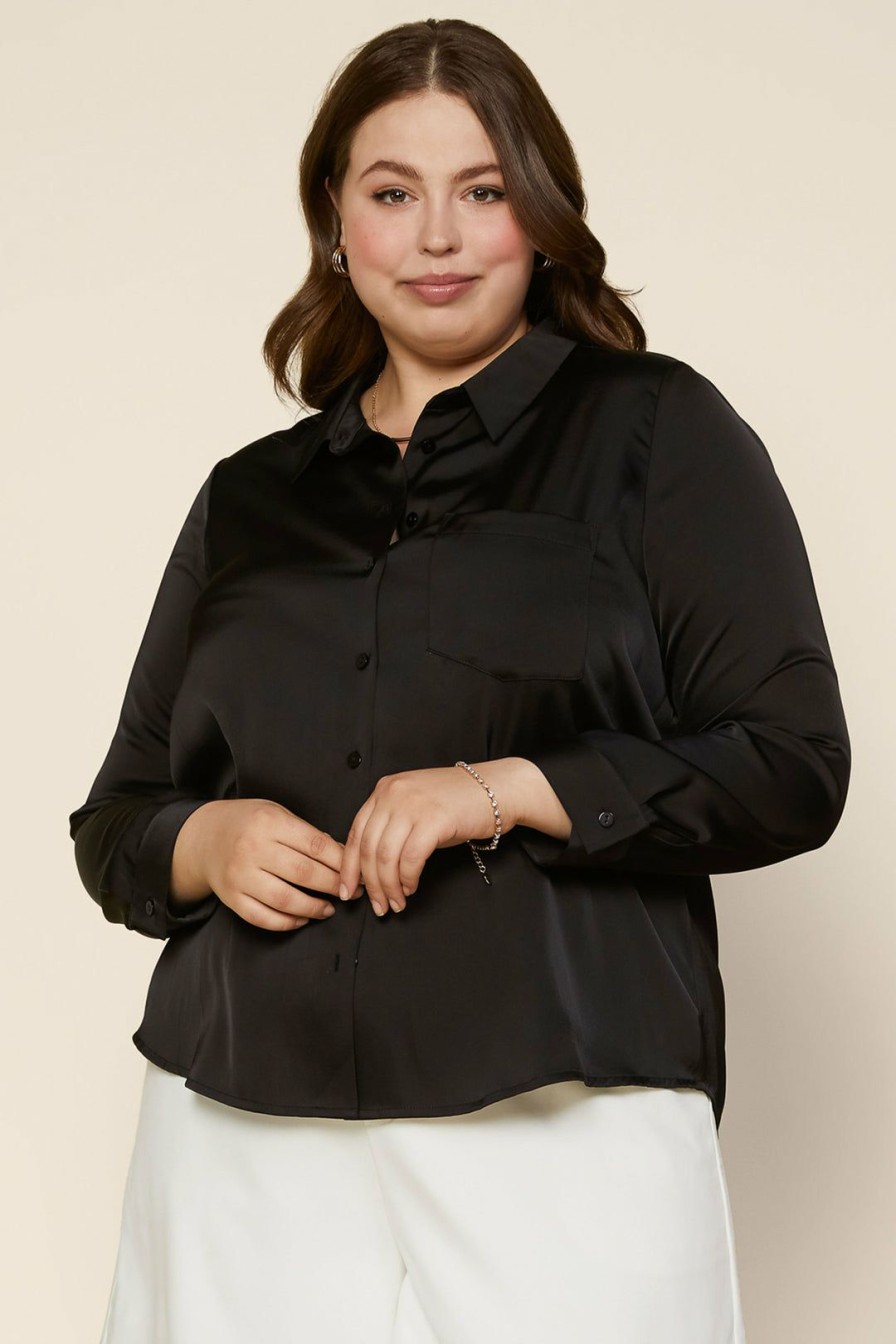 Plus Size Skies Are Blue | Skies Are Blue Clothing Plus Size Satin Button Down Shirt Black