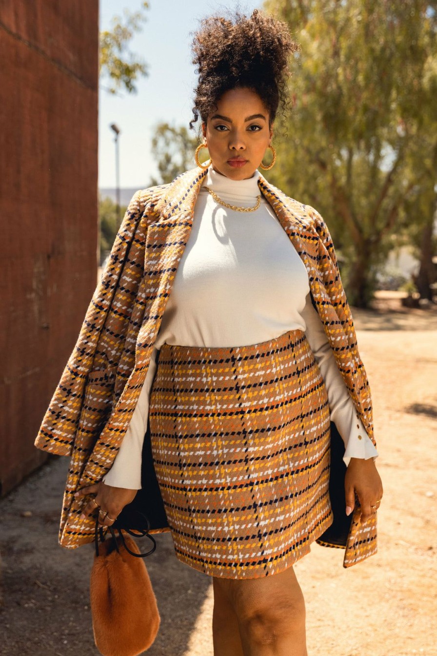 Plus Size Skies Are Blue | Skies Are Blue Clothing Plus Size Rachel Plaid Jacquard Skirt Camel-Navy