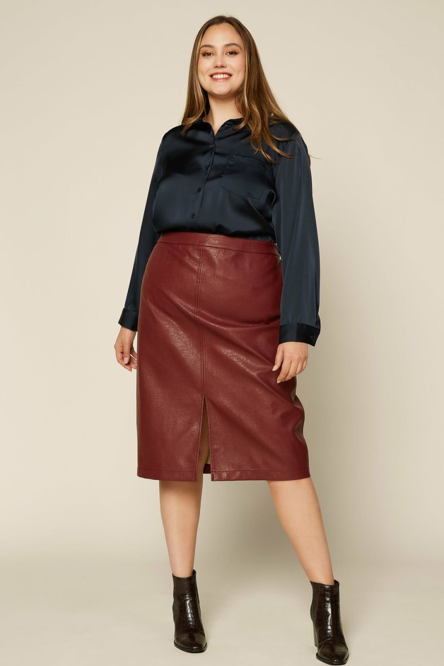 Plus Size Skies Are Blue | Skies Are Blue Plus Size Carissa Vegan Leather Midi Skirt Clothing Burgundy