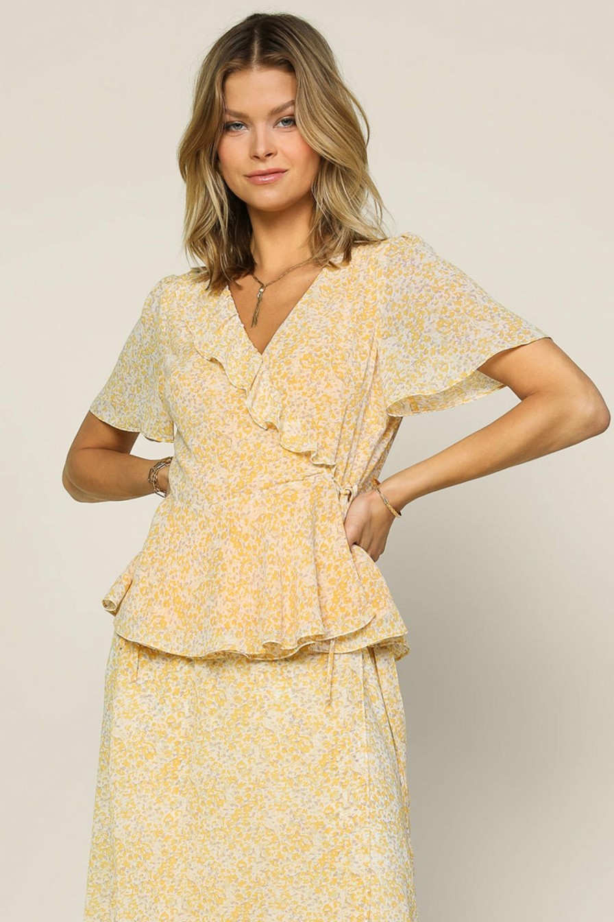 Clothing Skies Are Blue | Skies Are Blue Floral Ruffled Wrap Top New In Clothing Ivory Yellow