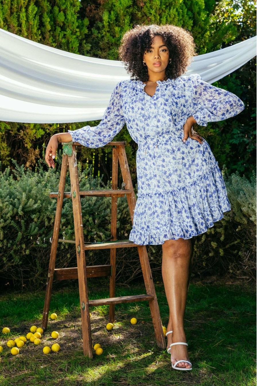 Plus Size Skies Are Blue | Skies Are Blue Plus Size Sweet Floral Mini Dress White-Cobalt