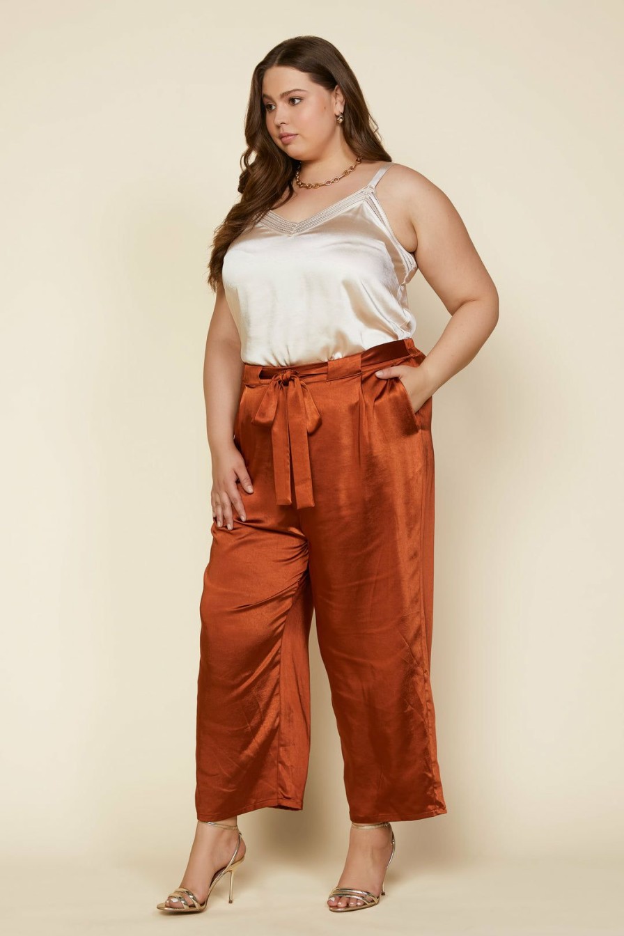 Clothing Skies Are Blue | Skies Are Blue Plus Size Wide Leg Satin Pants Clothing Rust