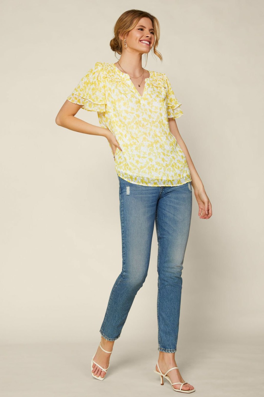 Clothing Skies Are Blue | Skies Are Blue Sweet Floral Ruffled Top White-Yellow