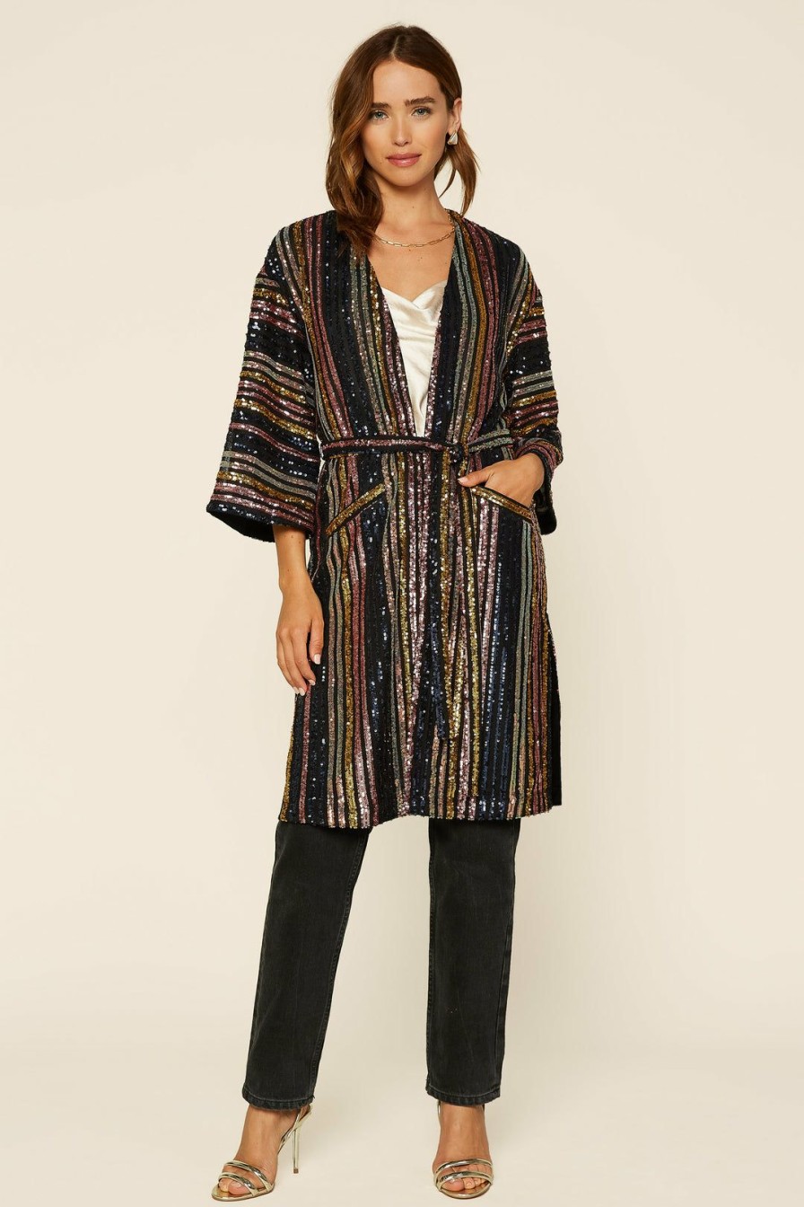 Clothing Skies Are Blue | Skies Are Blue Striped Sequin Kimono Clothing Navy/Pink