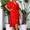 Plus Size Skies Are Blue | Skies Are Blue Clothing Plus Size Floral Wrap Midi Dress Coral Red