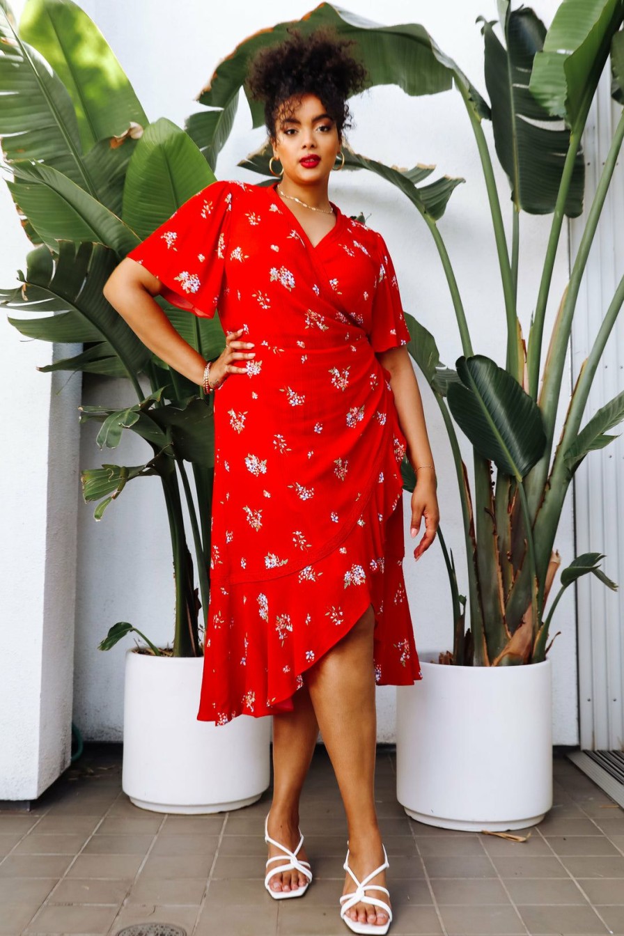 Plus Size Skies Are Blue | Skies Are Blue Clothing Plus Size Floral Wrap Midi Dress Coral Red