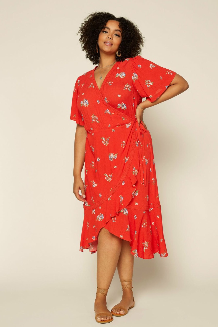 Plus Size Skies Are Blue | Skies Are Blue Clothing Plus Size Floral Wrap Midi Dress Coral Red