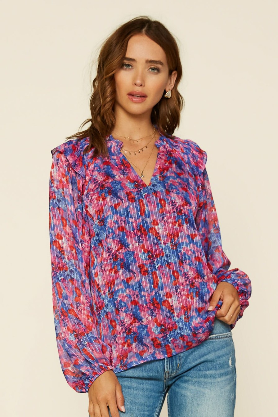 Clothing Skies Are Blue | Skies Are Blue Clothing Multicolor Smocked Woven Top Cobalt-Hot Pink