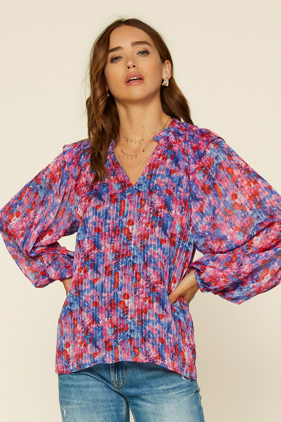 Clothing Skies Are Blue | Skies Are Blue Clothing Multicolor Smocked Woven Top Cobalt-Hot Pink