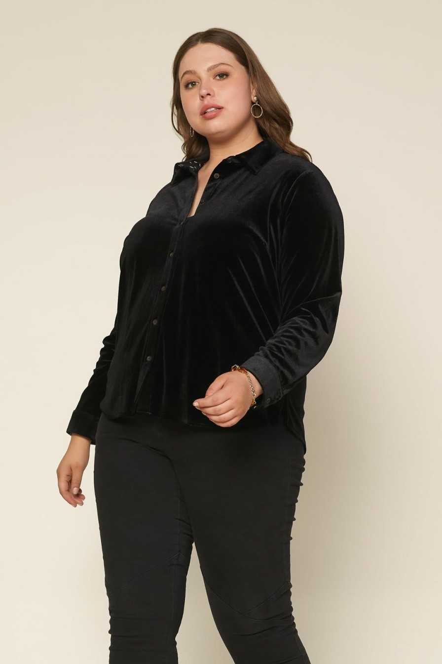 Plus Size Skies Are Blue | Skies Are Blue Plus Size Velvet Button Down Top Black