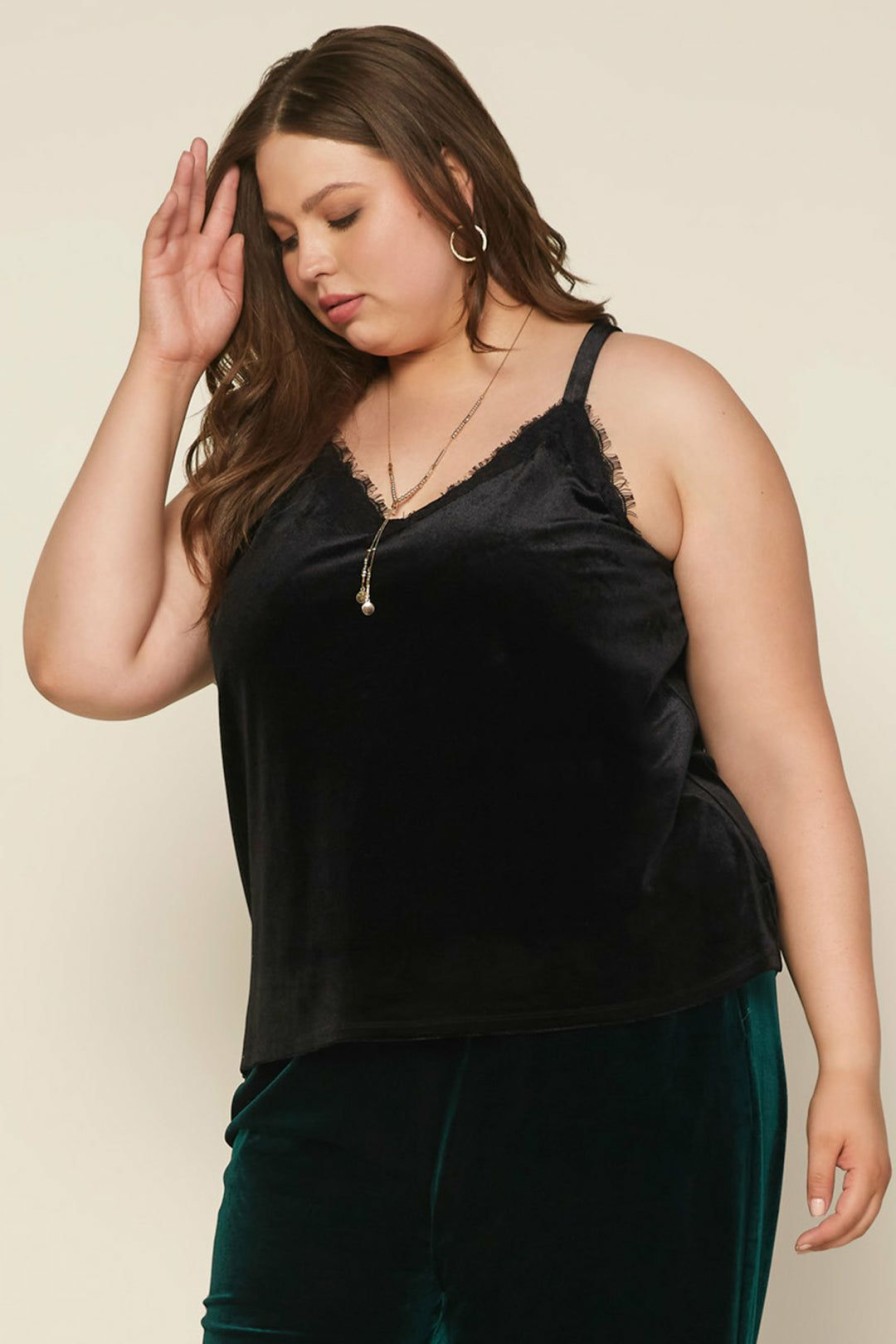 Plus Size Skies Are Blue | Skies Are Blue Plus Size Lace Trim Velvet Cami Clothing Black