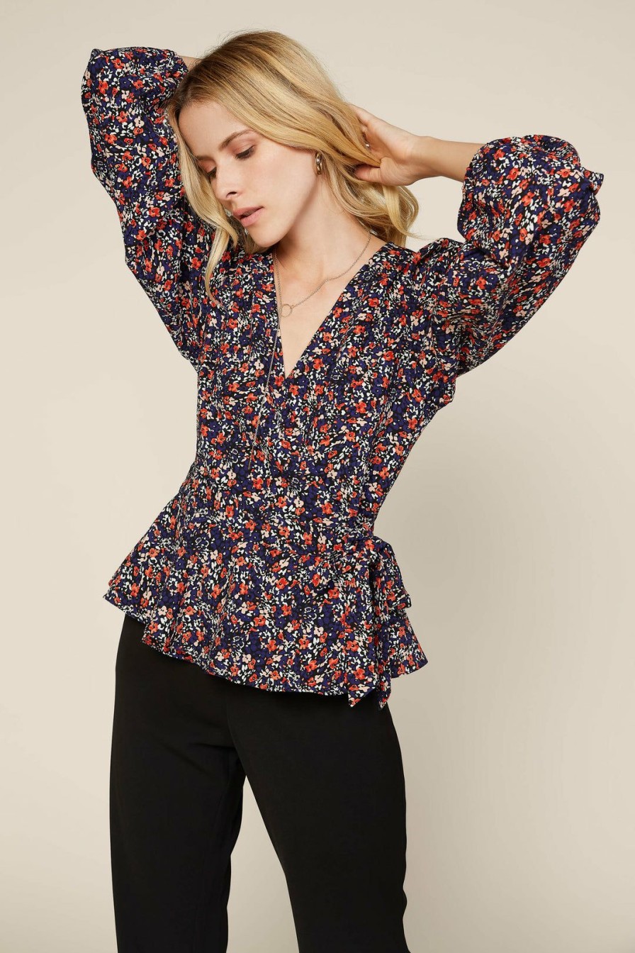 Clothing Skies Are Blue | Skies Are Blue Ditsy Floral Wrap Top Clothing Navy-Rust Floral