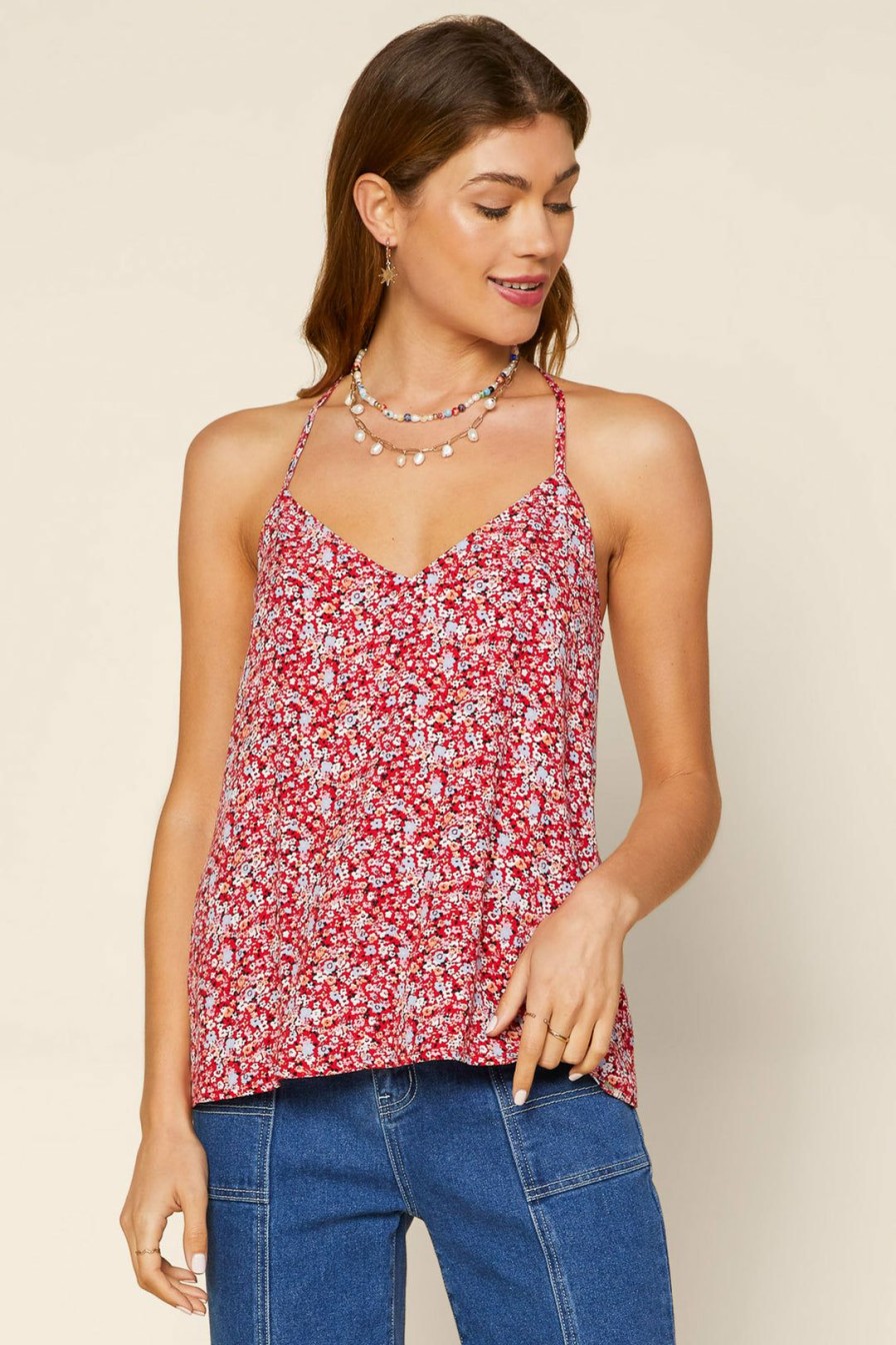 Clothing Skies Are Blue | Skies Are Blue Floral Color Block Strappy Cami Tops Fiery Red Floral