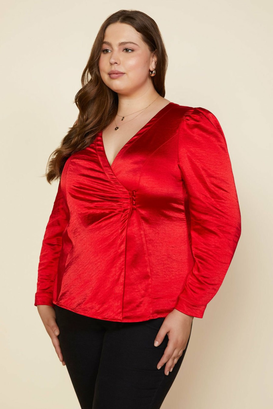 Plus Size Skies Are Blue | Skies Are Blue Plus Size Zoya Satin Shirred Top Clothing Fiery Red