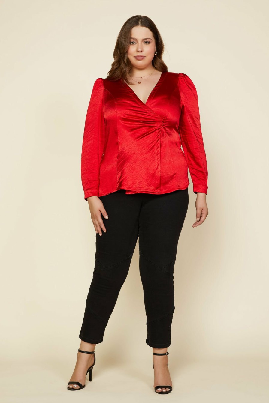 Plus Size Skies Are Blue | Skies Are Blue Plus Size Zoya Satin Shirred Top Clothing Fiery Red