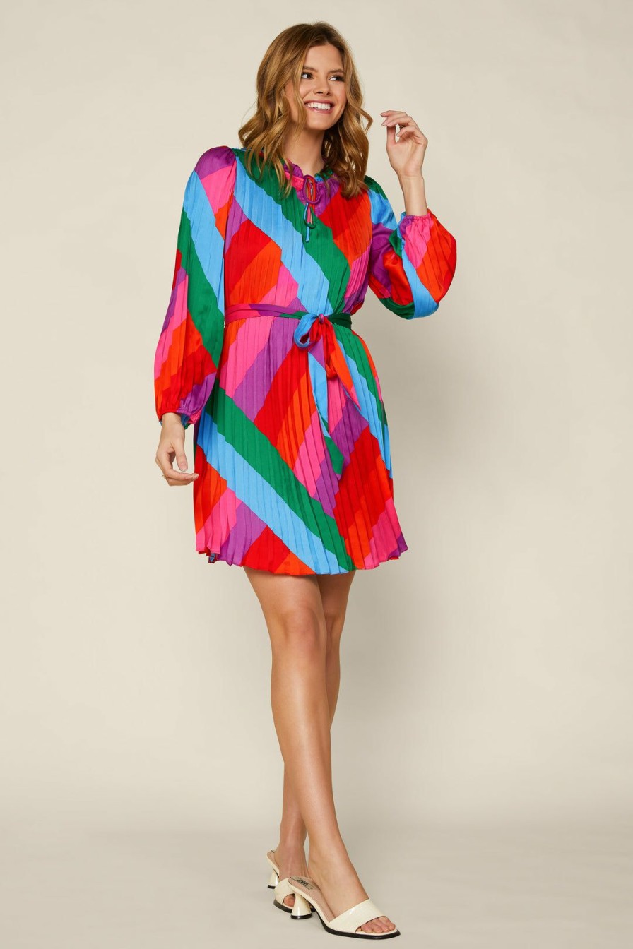 Clothing Skies Are Blue | Skies Are Blue Multicolor Pleated Dress Rainbow Stripe