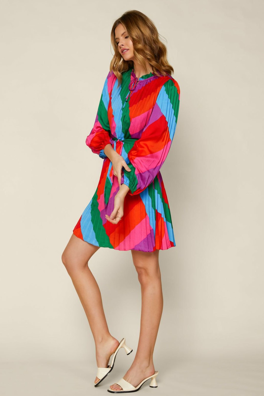 Clothing Skies Are Blue | Skies Are Blue Multicolor Pleated Dress Rainbow Stripe