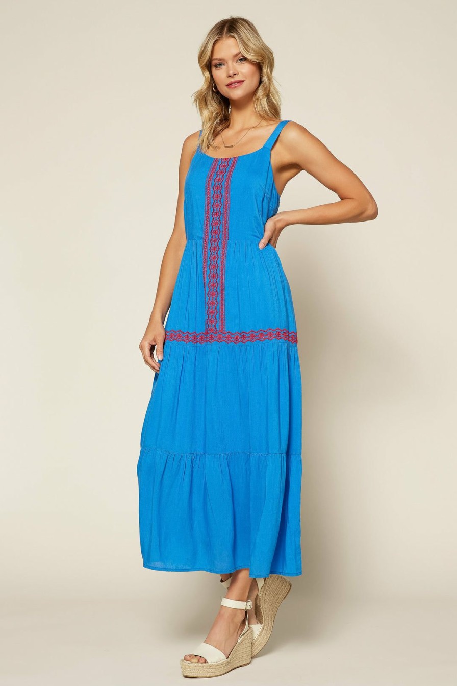 Clothing Skies Are Blue | Skies Are Blue Clothing Finley Embroidered Midi Dress Ocean Blue-Red