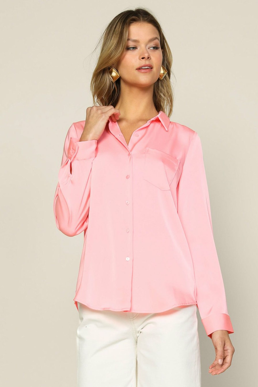 Clothing Skies Are Blue | Skies Are Blue Satin Button Down Shirt Neon Coral