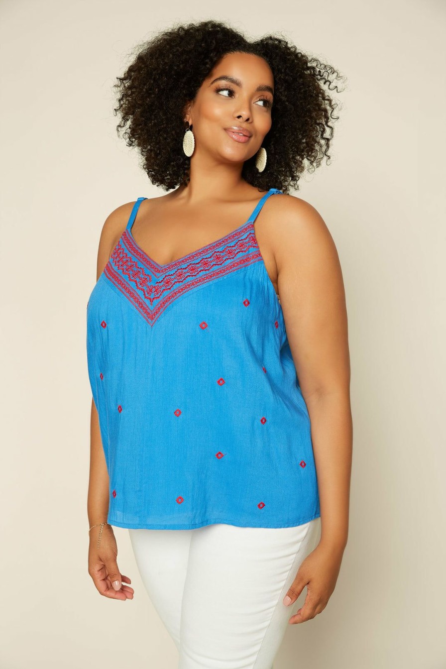 Plus Size Skies Are Blue | Skies Are Blue Plus Size Embroidered Cami Clothing Ocean Blue-Red