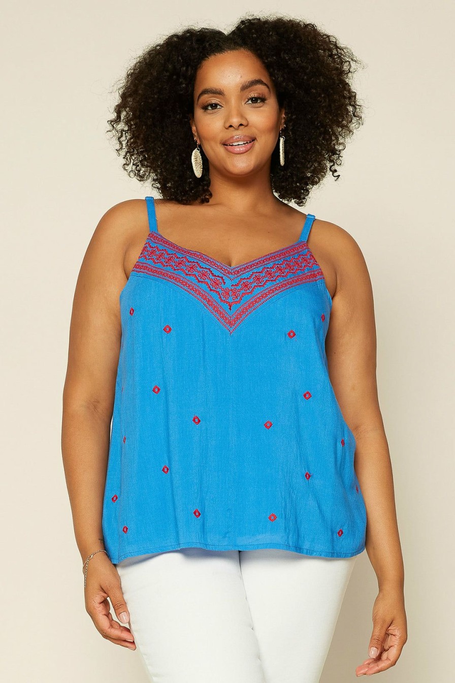 Plus Size Skies Are Blue | Skies Are Blue Plus Size Embroidered Cami Clothing Ocean Blue-Red