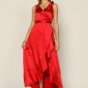 Clothing Skies Are Blue | Skies Are Blue Satin Ruffled Maxi Dress New In Clothing Coral Red