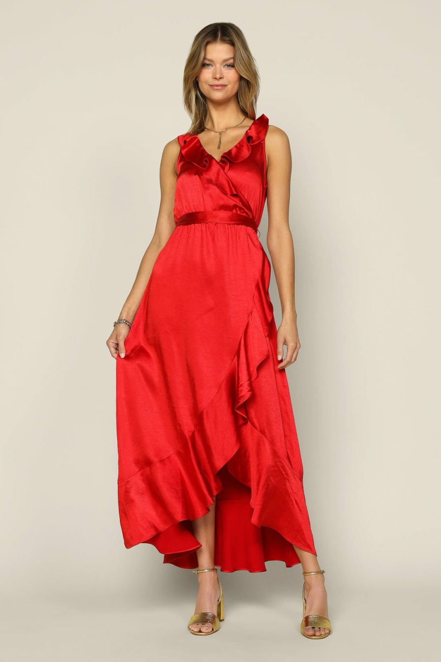 Clothing Skies Are Blue | Skies Are Blue Satin Ruffled Maxi Dress New In Clothing Coral Red