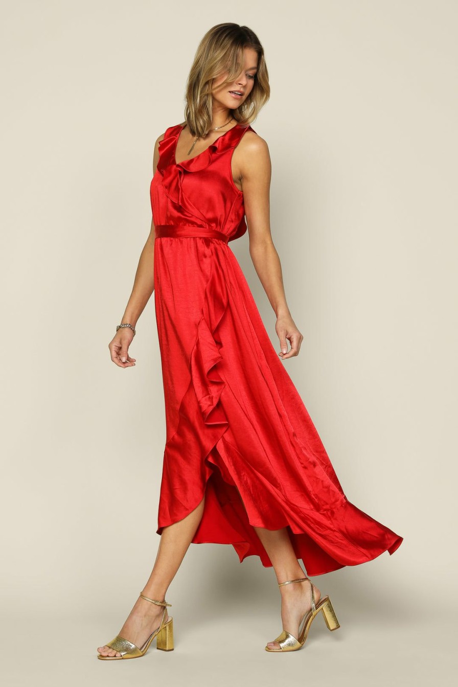 Clothing Skies Are Blue | Skies Are Blue Satin Ruffled Maxi Dress New In Clothing Coral Red