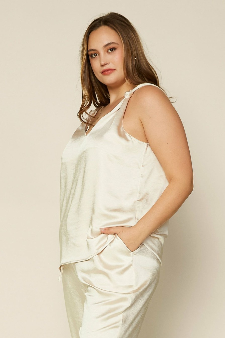 Clothing Skies Are Blue | Skies Are Blue Plus Size Satin Knotted Strap Cami Cream