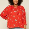 Plus Size Skies Are Blue | Skies Are Blue Plus Size Floral Long Sleeve Blouse Coral Red