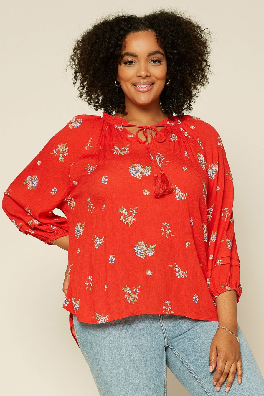 Plus Size Skies Are Blue | Skies Are Blue Plus Size Floral Long Sleeve Blouse Coral Red