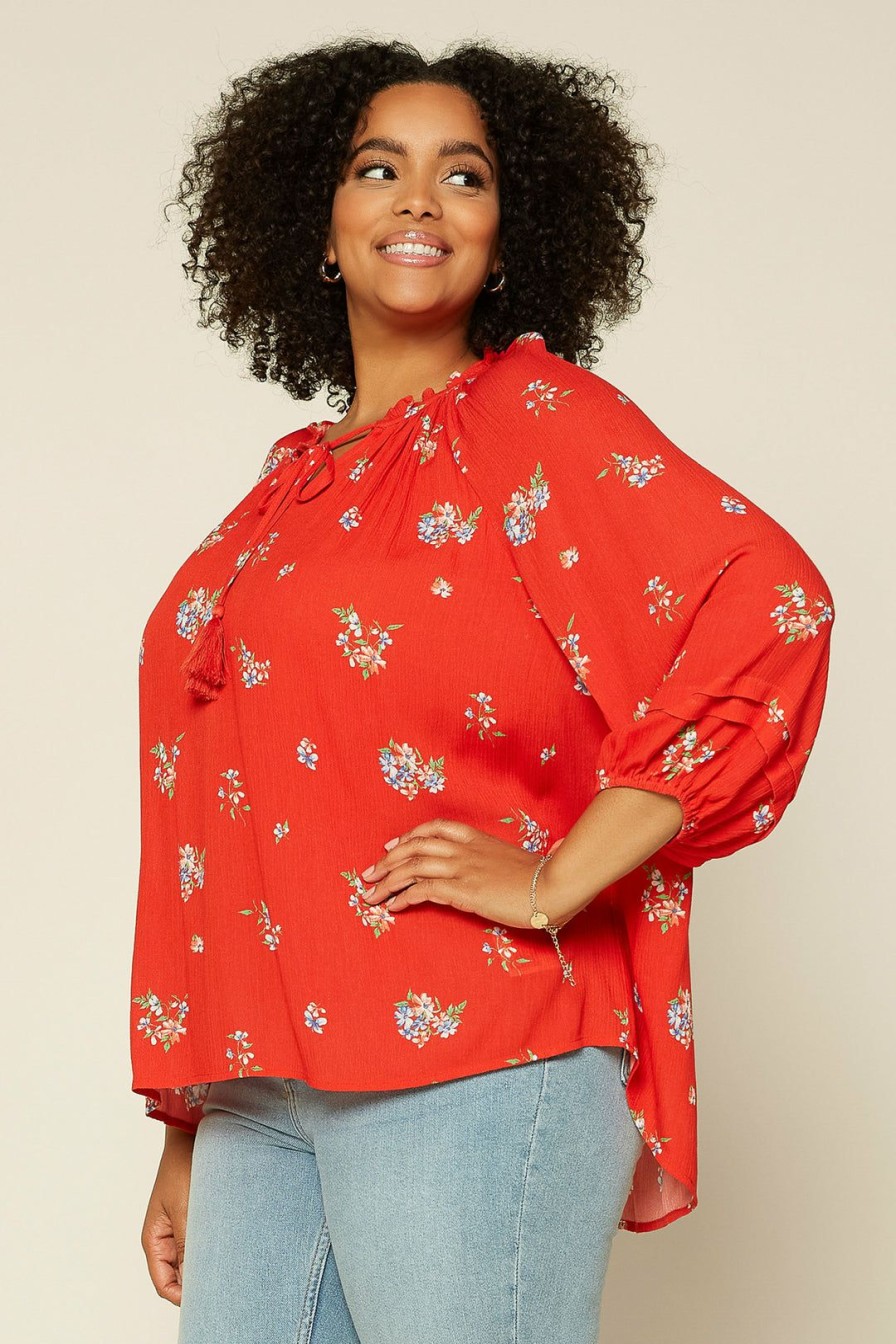 Plus Size Skies Are Blue | Skies Are Blue Plus Size Floral Long Sleeve Blouse Coral Red