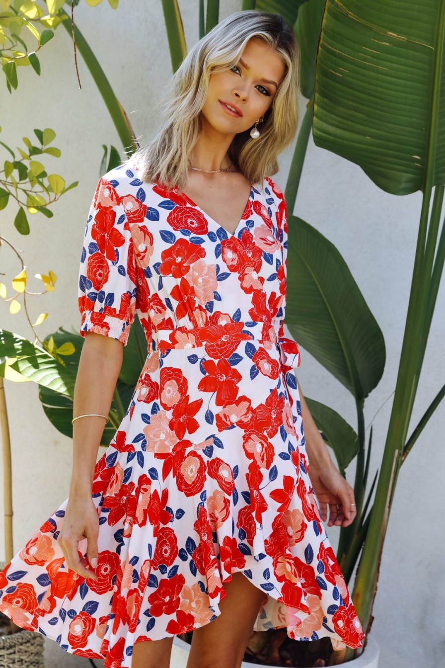 Clothing Skies Are Blue | Skies Are Blue Adlyn Floral Wrap Dress Off White-Red Floral