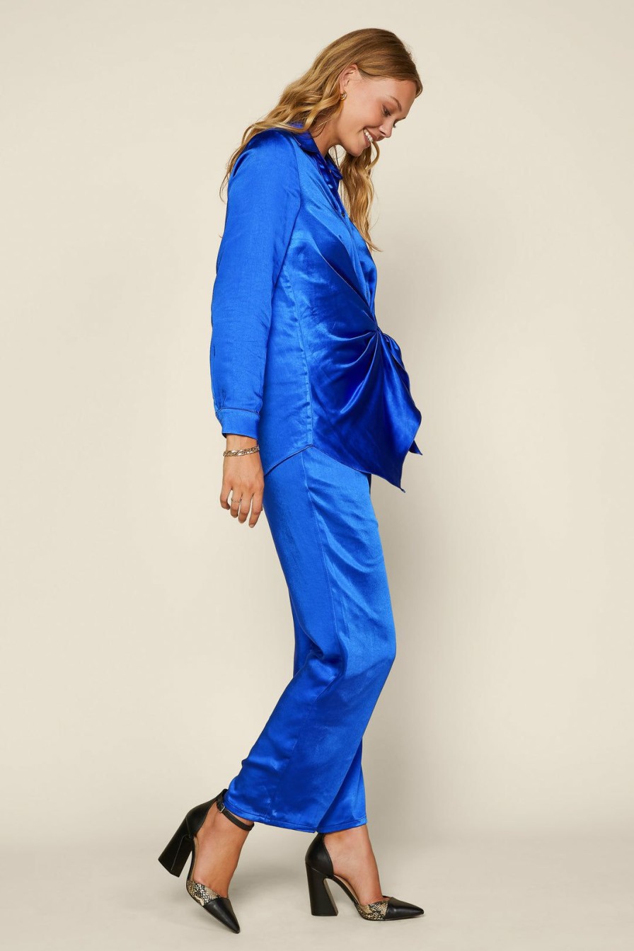 Clothing Skies Are Blue | Skies Are Blue Front Tie Satin Top Cobalt