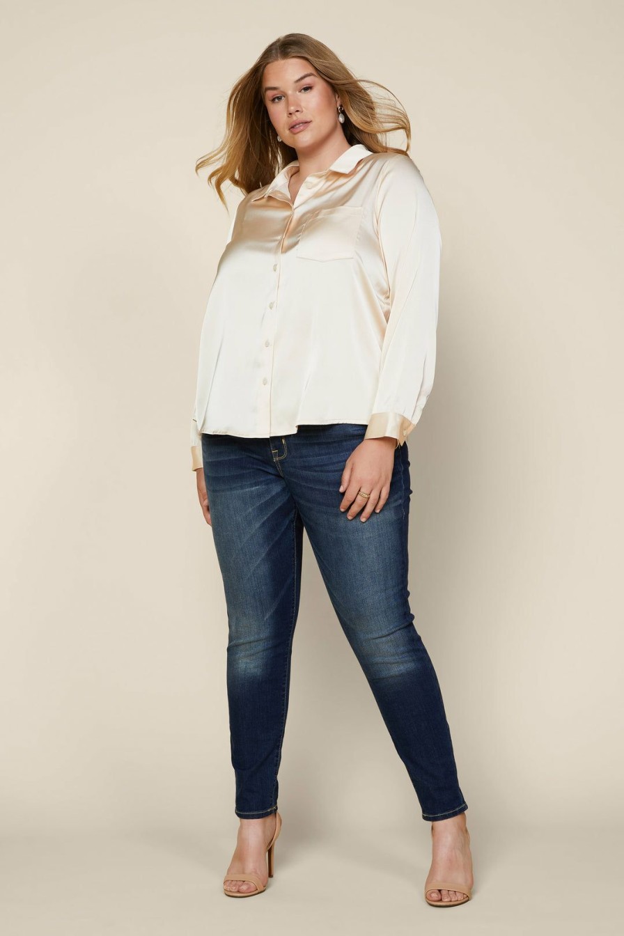 Clothing Skies Are Blue | Skies Are Blue Clothing Plus Size Satin Button Down Shirt Ivory