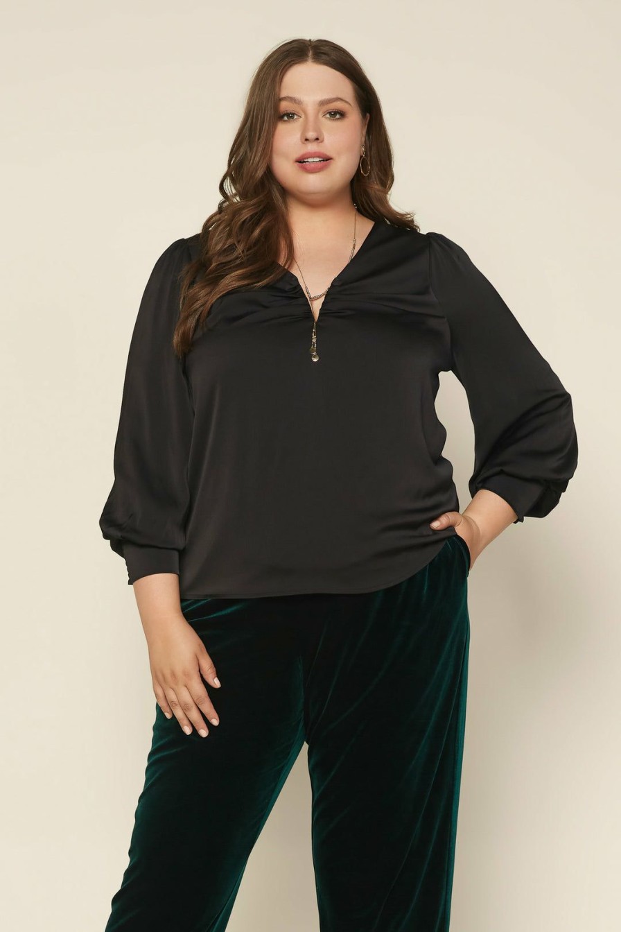 Plus Size Skies Are Blue | Skies Are Blue Plus Size Shirred V Neck Blouse Clothing Black