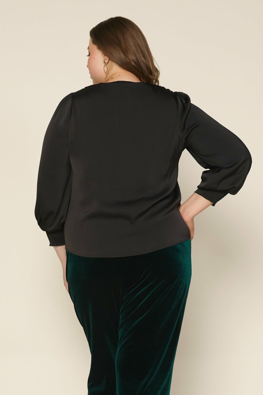 Plus Size Skies Are Blue | Skies Are Blue Plus Size Shirred V Neck Blouse Clothing Black