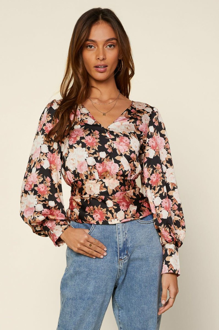 Clothing Skies Are Blue | Skies Are Blue Puff Sleeve Floral Blouse Clothing Black/Pink