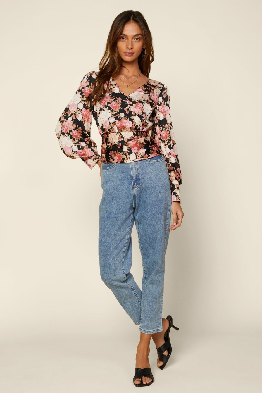 Clothing Skies Are Blue | Skies Are Blue Puff Sleeve Floral Blouse Clothing Black/Pink