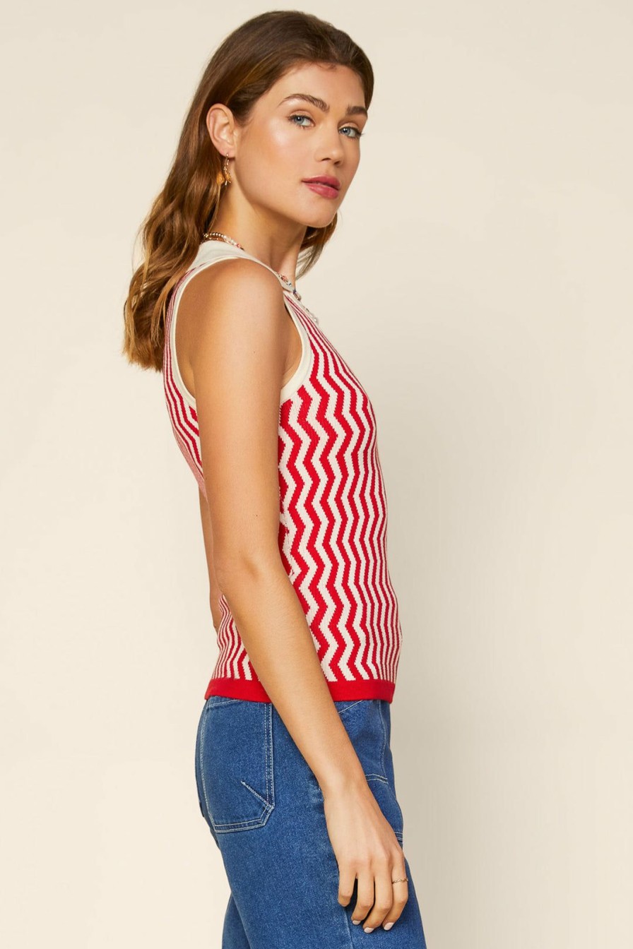 Clothing Skies Are Blue | Skies Are Blue Zigzag Collared Knit Top Clothing Red Ivory