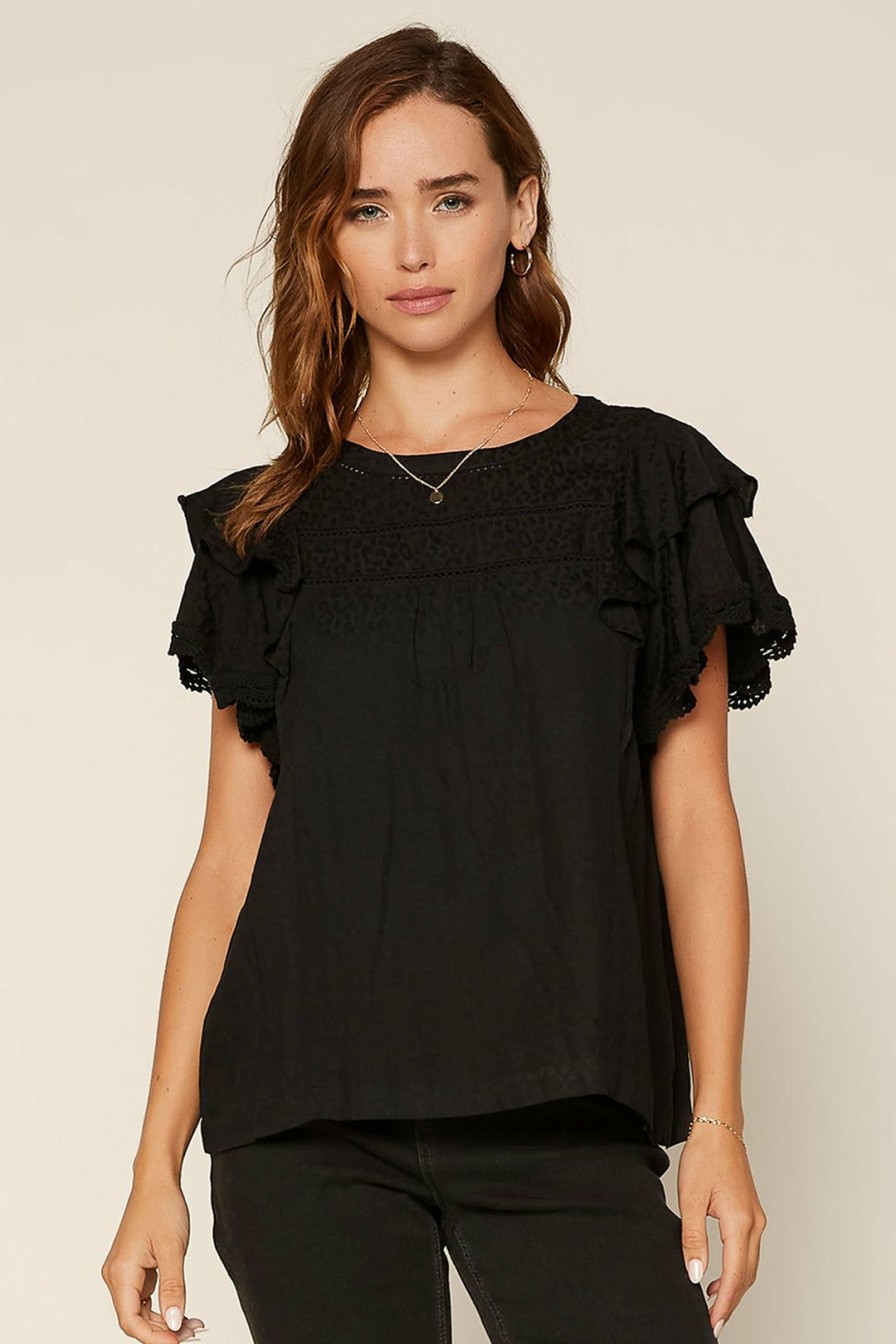 Clothing Skies Are Blue | Skies Are Blue Lace Trim Ruffled Top Black